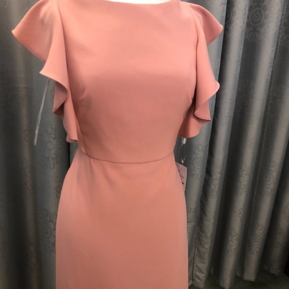 New Dessert Rose Crepe Dress, Ruffle Flutter Sleeve Bridesmaid Formal Dessy - Picture 8 of 16